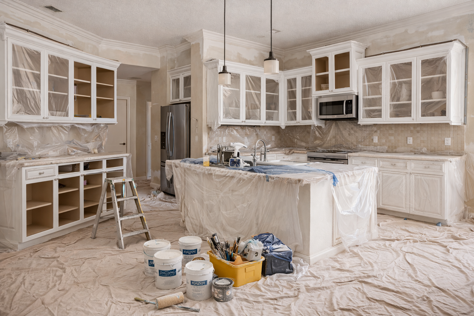 Kitchen cabinet painting preparation with professional masking