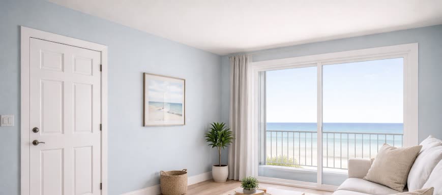 Westchase Florida Airbnb interior before painting &mdash; light blue walls and nickel door hardware