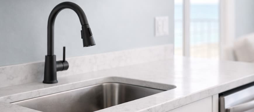Matte black faucet detail on stainless sink in Tampa Bay Airbnb after Highmark hardware installation